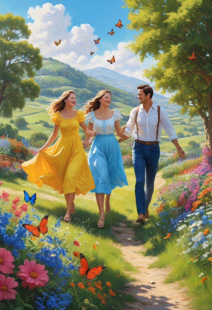 A bright, sunny landscape featuring a diverse group of people laughing and engaging in joyful activities like dancing, gardening, and sharing a picnic. The background showcases rolling hills and blooming flowers under a clear blue sky, symbolizing positivity and vitality. Incorporate colorful butterflies fluttering around to enhance the feeling of cheerfulness. super-realistic. vibrant colors. white background.