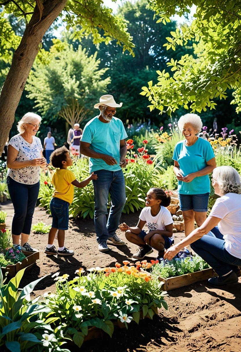 A diverse group of people of various ages joyfully interacting in a lush community garden, with colorful flowers blooming and sunlight filtering through the trees. Each person is engaged in activities like planting, laughing, and sharing stories, representing connection and positivity. A vibrant rainbow arcs across the sky, symbolizing hope and joy. super-realistic. vibrant colors. 3D.
