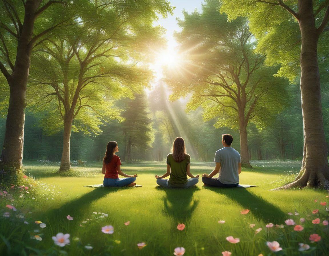 A serene landscape featuring a diverse group of people practicing mindfulness together in a natural setting, sitting on the grass, surrounded by lush trees and blooming flowers. Soft sunlight filters through the leaves, creating a warm, inviting atmosphere. Include symbols of gratitude like heart shapes or uplifting quotes subtly integrated into the scene. The image invokes a sense of peace and connection. super-realistic. vibrant colors. tranquil background.